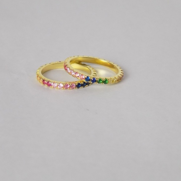 new in box! set of 2 stacking rings rainbow cz diamond 925 sterling - Picture 2 of 5
